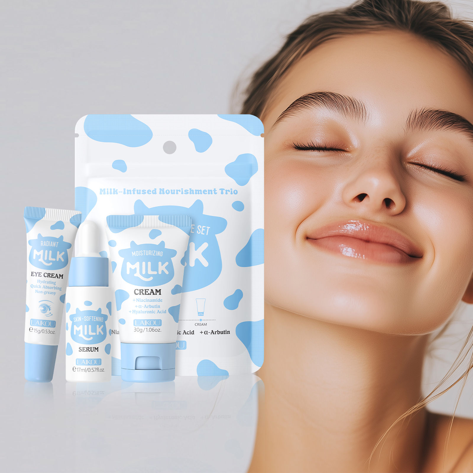 LAIKOU Milk Glowing Trio Set Deep Nourishment Kit Hydrating Skincare Non-Greasy
