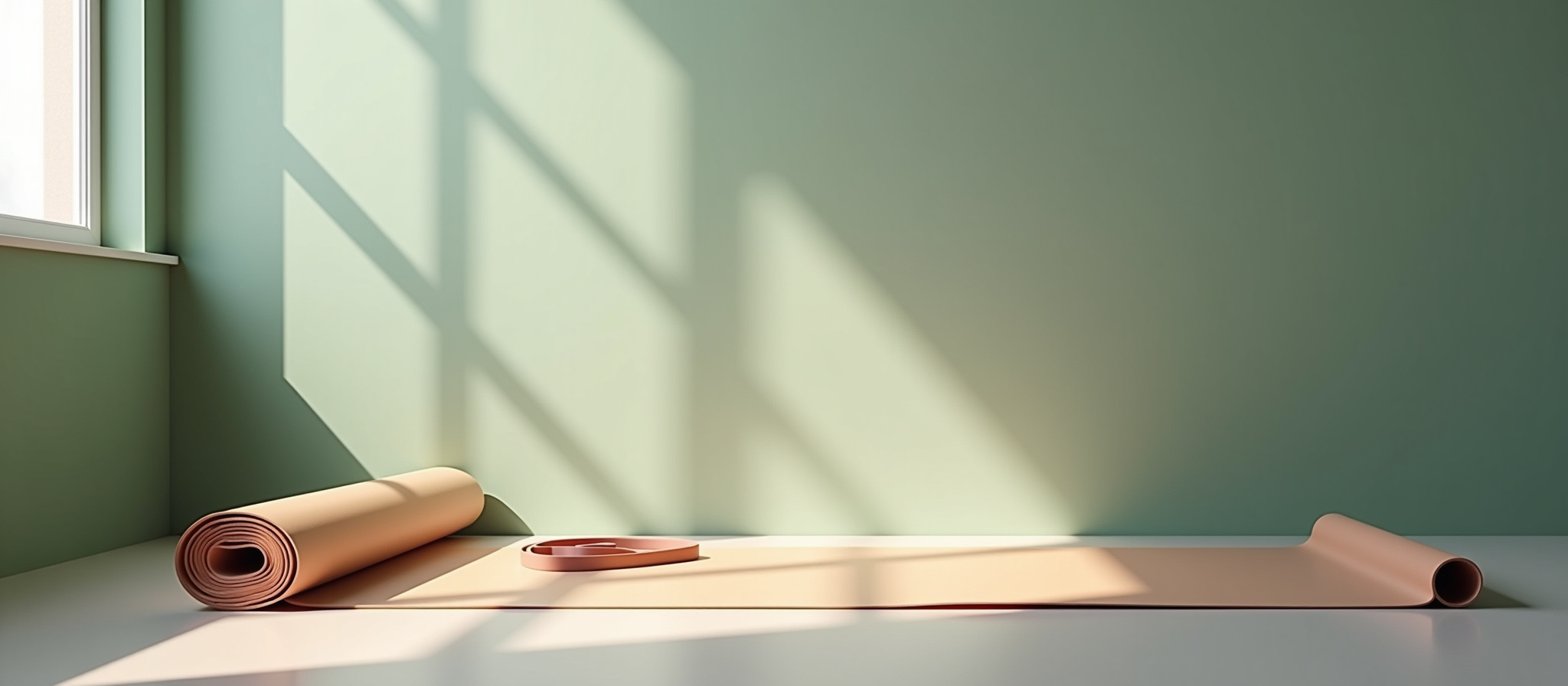 Partially unrolled yoga mat, block on floor, sunlit green wall shadows.