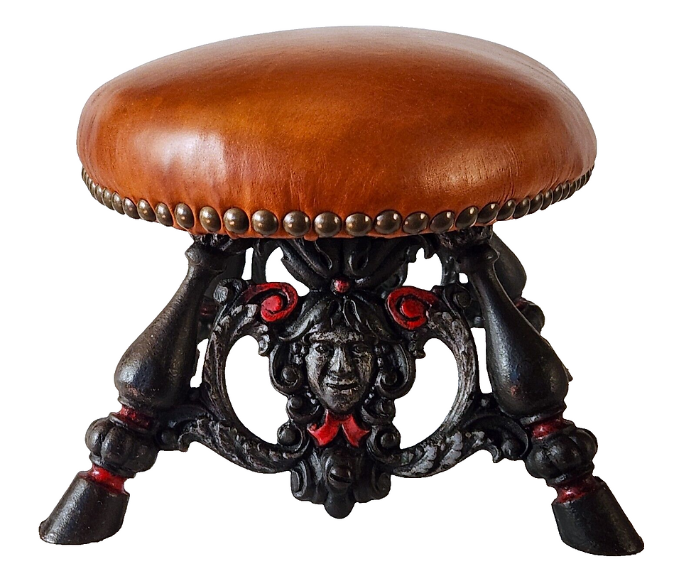 Thumbnail: Footstool, Cast Iron, Leather, Renaissance, Northwind Face, Hoof Ft, c1880 16"L