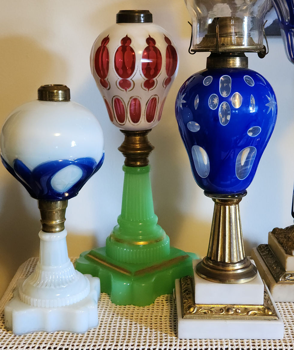 Thumbnail: Oil Lamp, Tulip & Star, Atterbury & Co, Pat 1862, Blue, Opalscent, 10.5"t