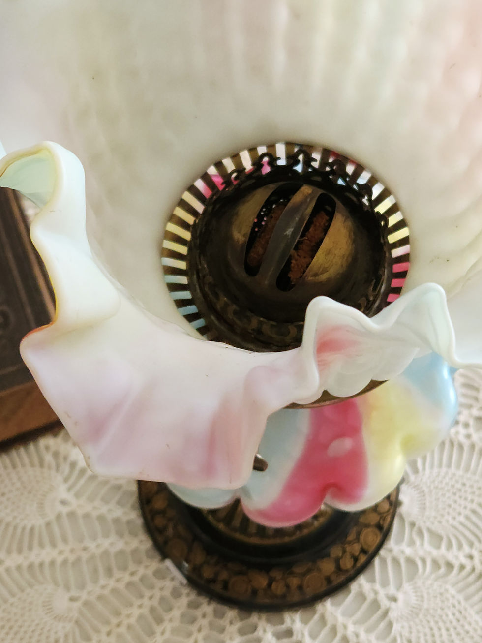 Thumbnail: LAMP, Kerosene Oil, Rainbow MOP Satin Art Glass, Tiedie, 1880, Webb, England,20"