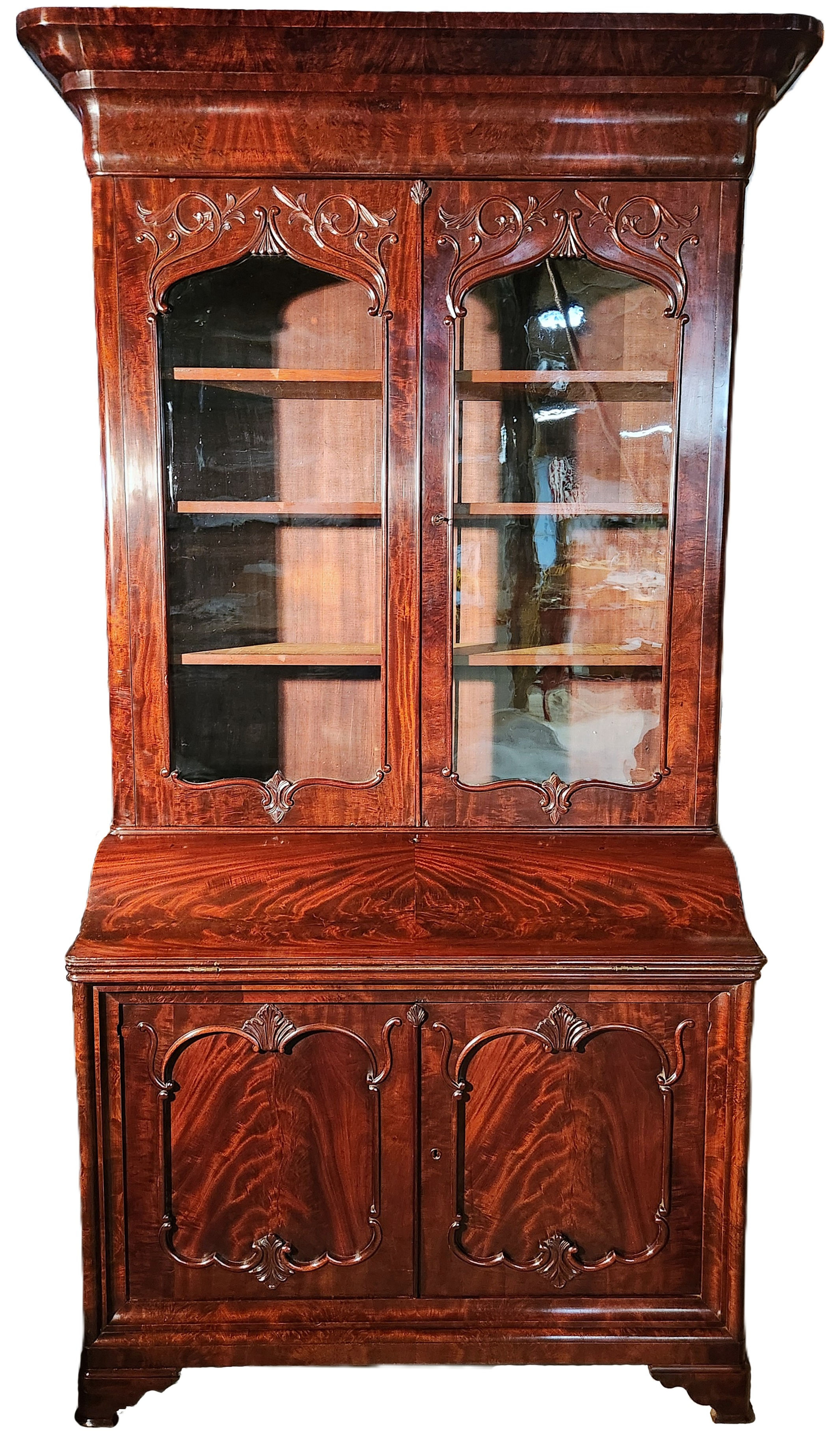 Secretary DESK, Empire, Rococo, Hi-Grade Mahogany, Fold-out Writing, c1850, 90"T