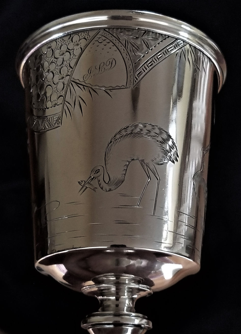 Thumbnail: sterling silver GOBLET, Whiting, Aesthetic, Japanesque, storks, 1880, stem, 7"