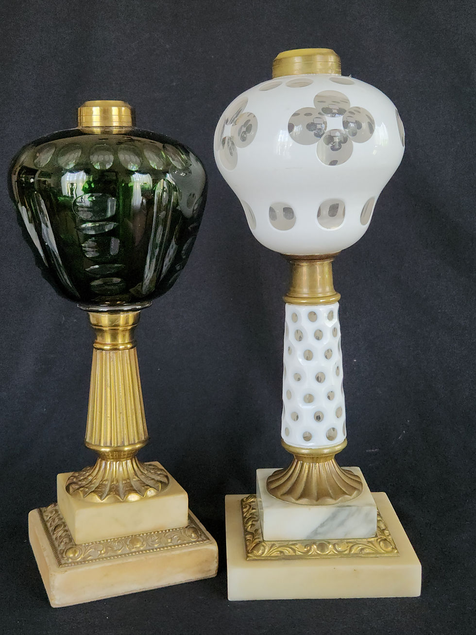 Thumbnail: Oil LAMP, White to Clear Overlay Cut Punty Font & Pedestal, Brass, Marble, 14"t
