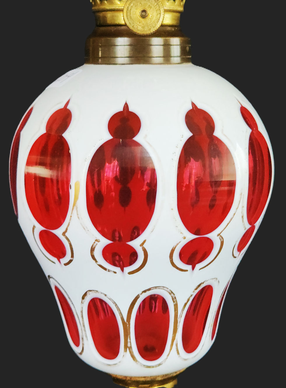 Thumbnail: Oil Lamp, White Cut to Pink Overlay, Apple-Green base, Boston & Sandwich, 14"t