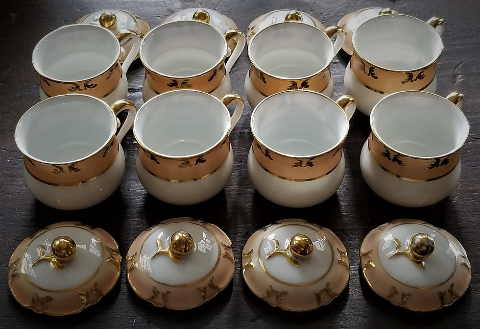 Thumbnail: 8 pot de crème cups & 2-tier dessert stand, Vieux Old Paris Porcelain, c1850 13"