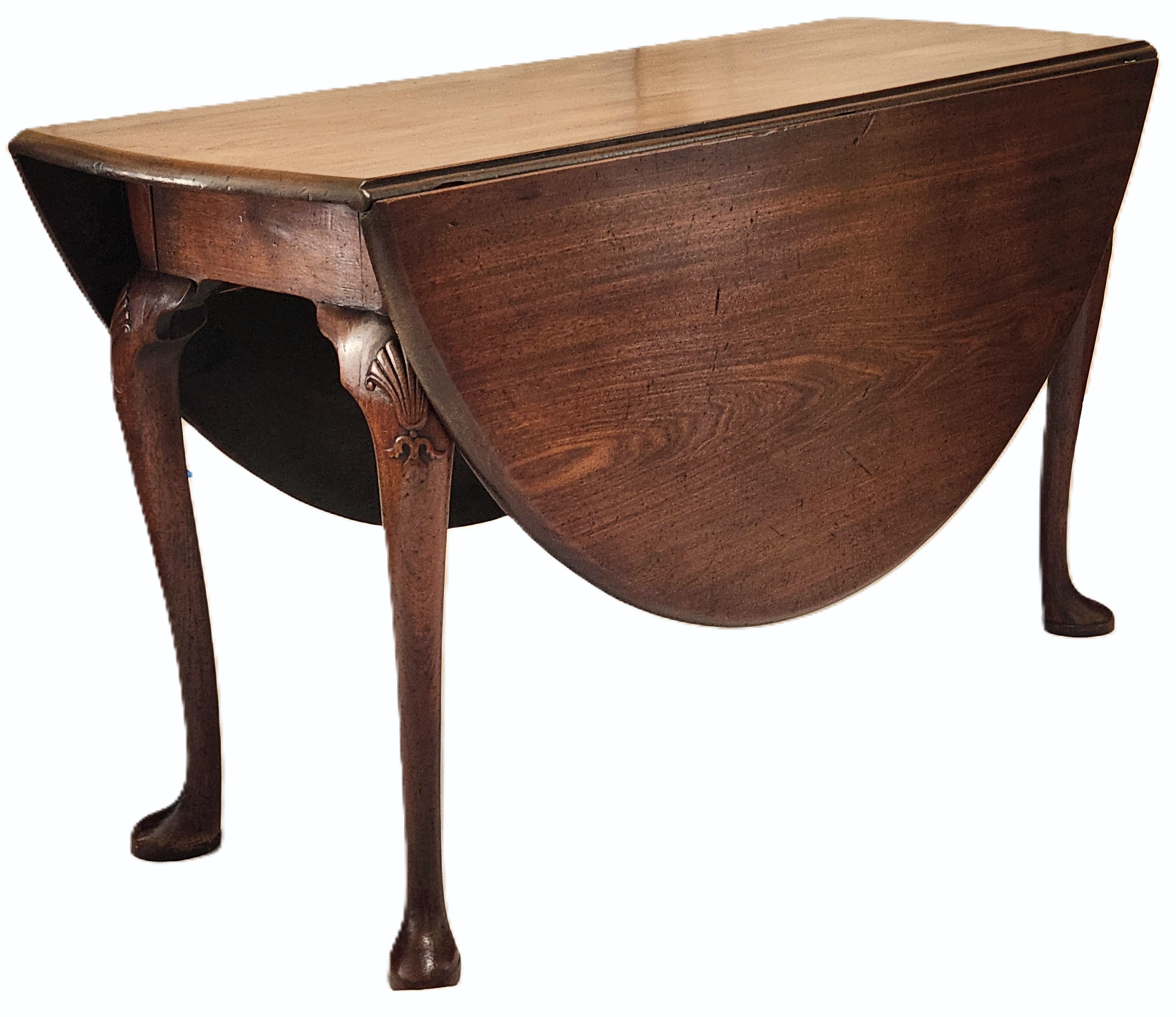 Dining Table, Drop Leaf, 1740 Queen Anne, England, Walnut, Shells, Cabriole, 52"