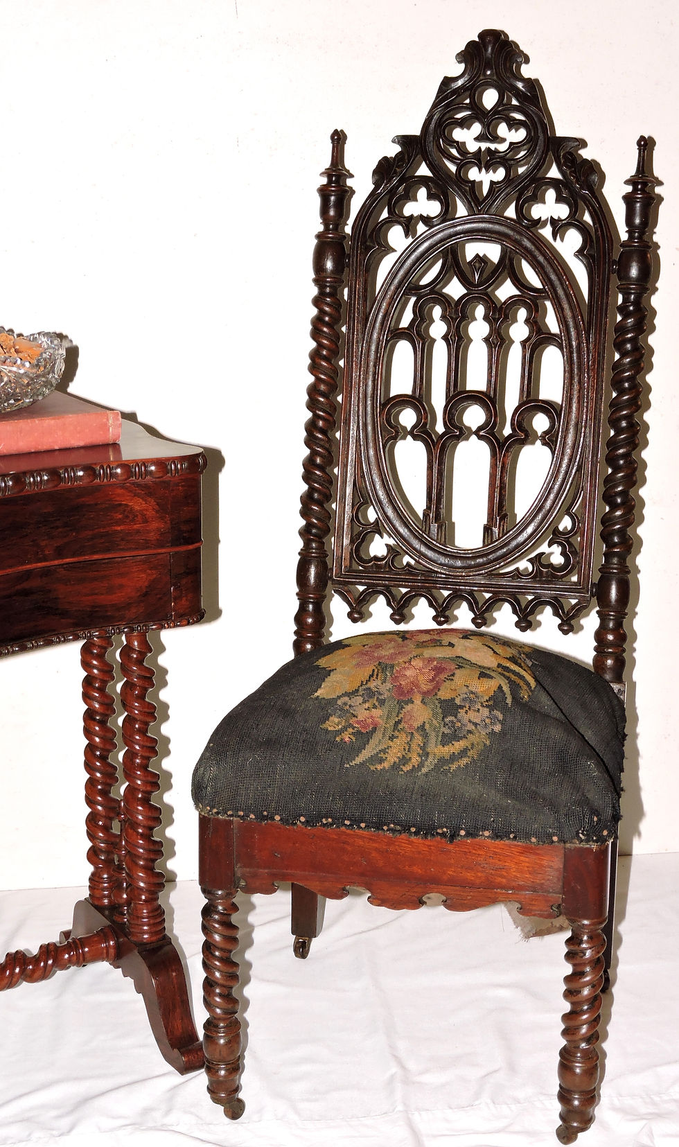 Thumbnail: Chair, parlor, Gothic, Elizabethan, walnut, Boston, NYC, poss Meeks, 45", c1850