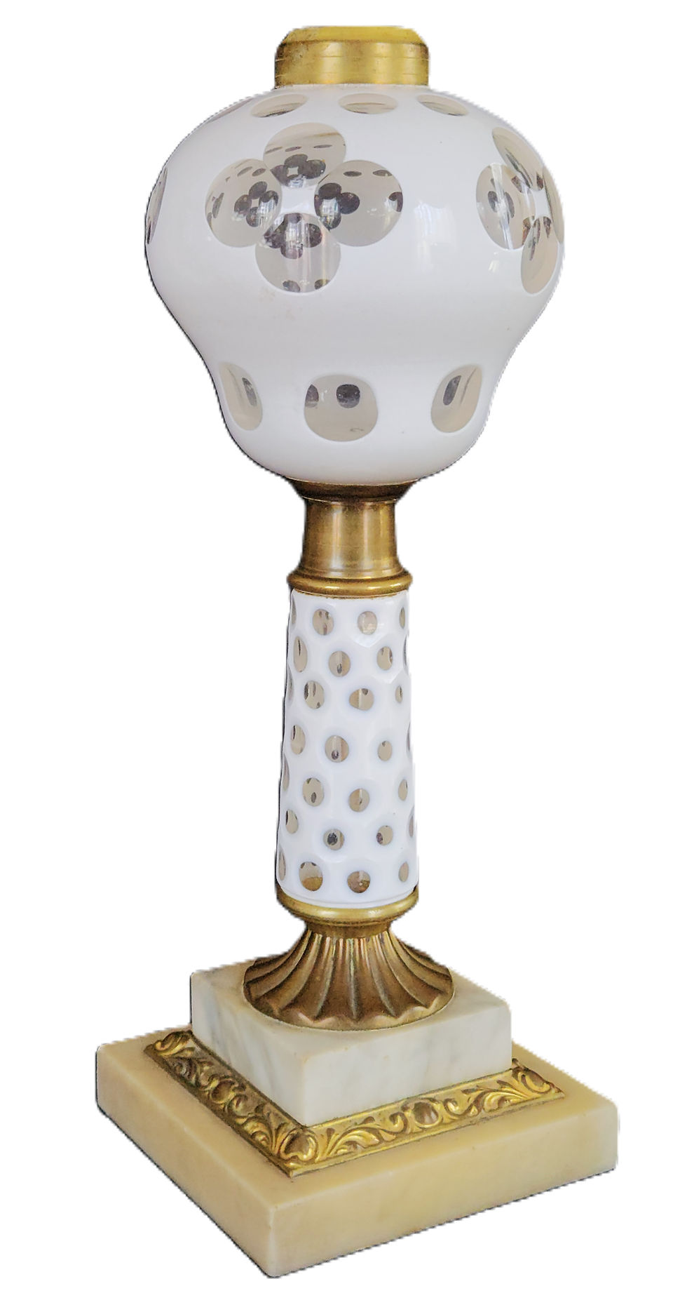 Thumbnail: Oil LAMP, White to Clear Overlay Cut Punty Font & Pedestal, Brass, Marble, 14"t