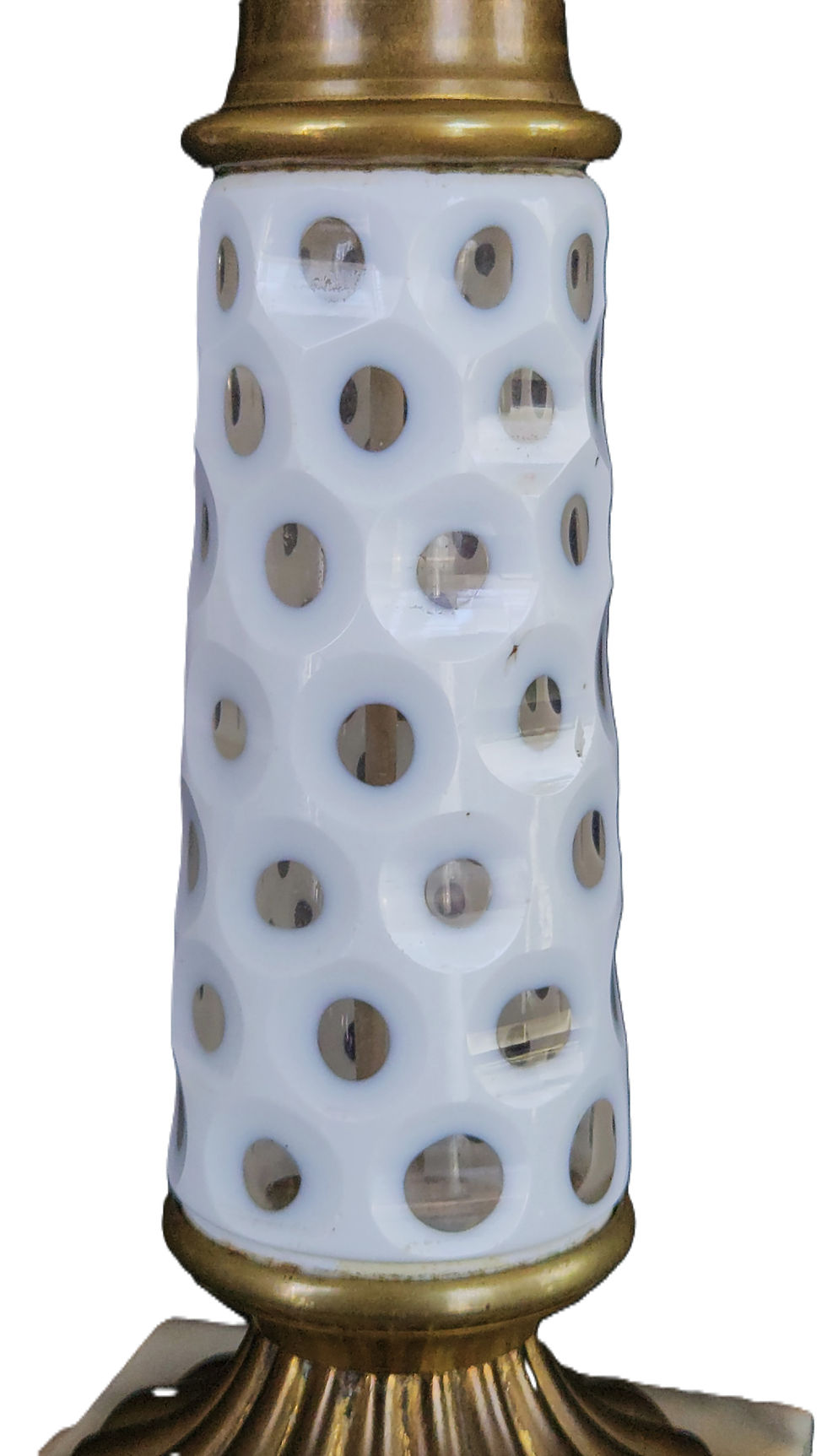 Thumbnail: Oil LAMP, White to Clear Overlay Cut Punty Font & Pedestal, Brass, Marble, 14"t