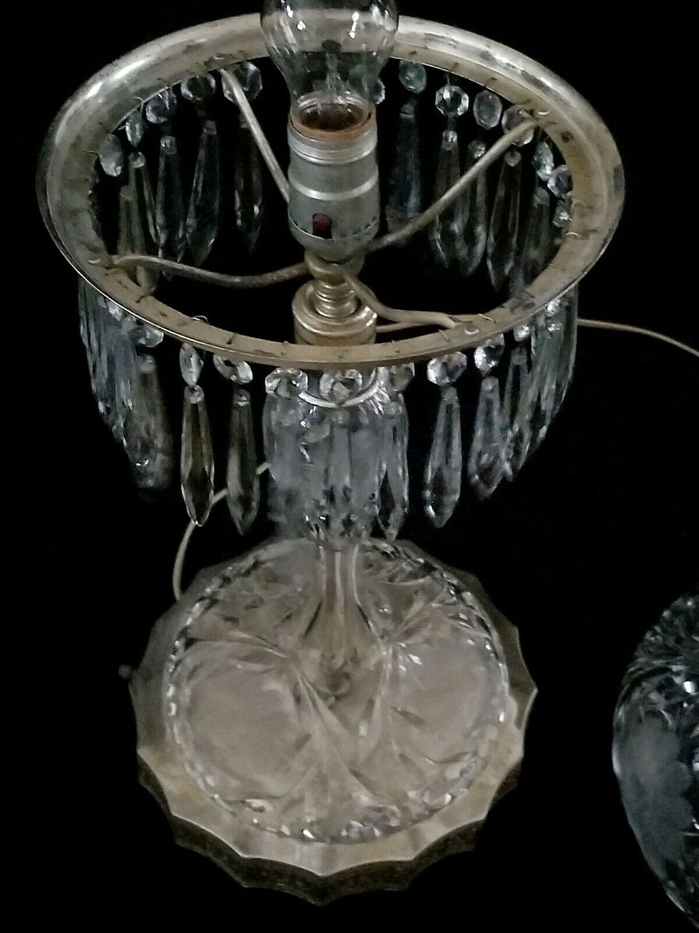 Thumbnail: abp American Brilliant Cut Glass Parlor LAMP, Varied Size Flowers c1915, 20"t
