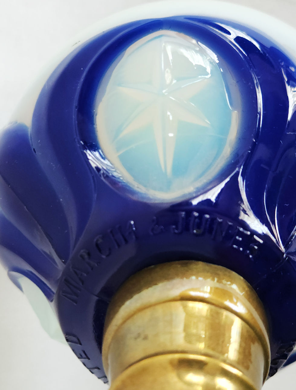 Thumbnail: Oil Lamp, Tulip & Star, Atterbury & Co, Pat 1862, Blue, Opalscent, 10.5"t