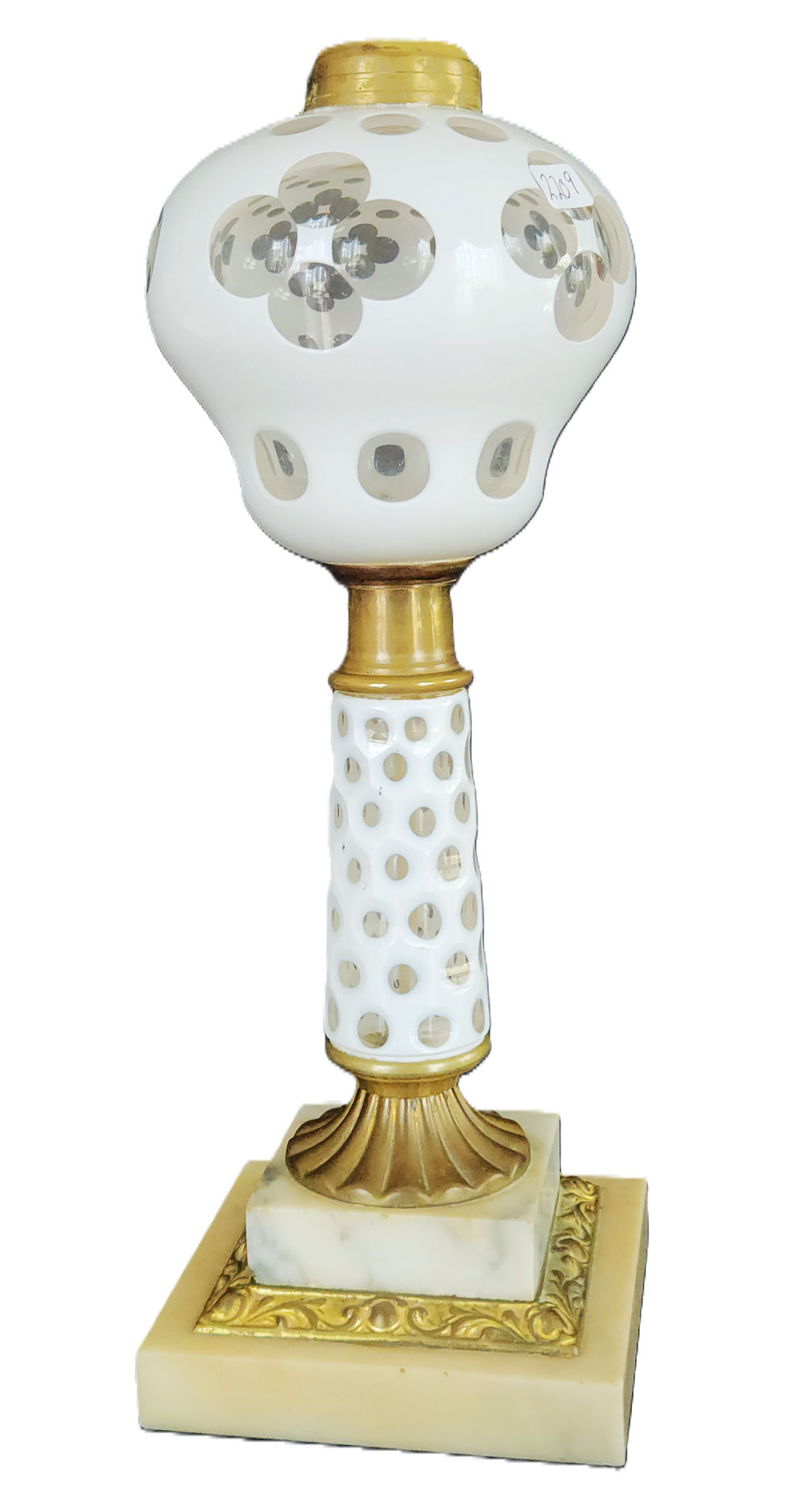 Thumbnail: Oil LAMP, White to Clear Overlay Cut Punty Font & Pedestal, Brass, Marble, 14"t