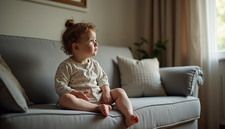 Eye-level view of a child sitting quietly on a couch looking thoughtful