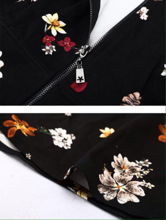 Thumbnail: Floral print tight waist black dress