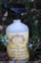 Round jar of cleaning spray with a black spray lid amongst greenery.