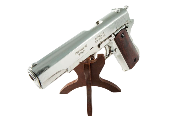 Denix 1911A1 Field Strippable Non-Firing Gun in Nickel Finish side front view
