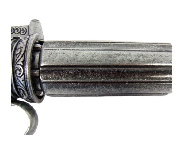 Miniaturebillede: Denix 1840 6 Barrel Pepper-Box Non Firing Revolver in Grey Finish barrel side detail