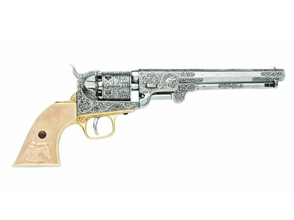 Denix 1851 Engraved Navy Non-Firing Revolver in Silver with Faux Ivory Handles
