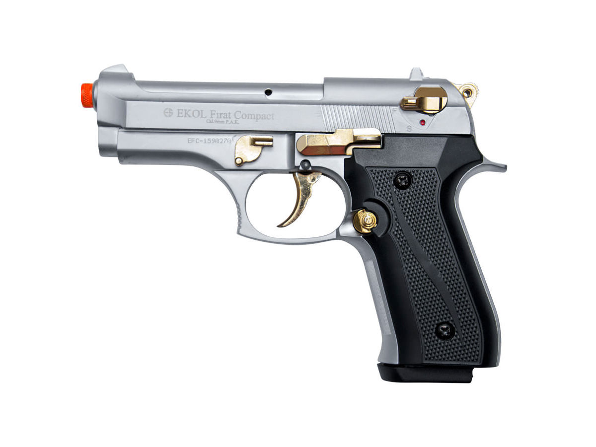 EKOL Firat Compact 9mm Front Firing Blank Gun, Nickel with Gold Accent