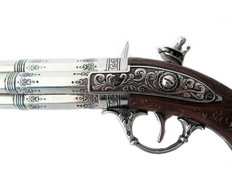 Thumbnail: Denix 18th Century Non Firing 4 Barrel Flintlock With Wood Grips engraved body detail