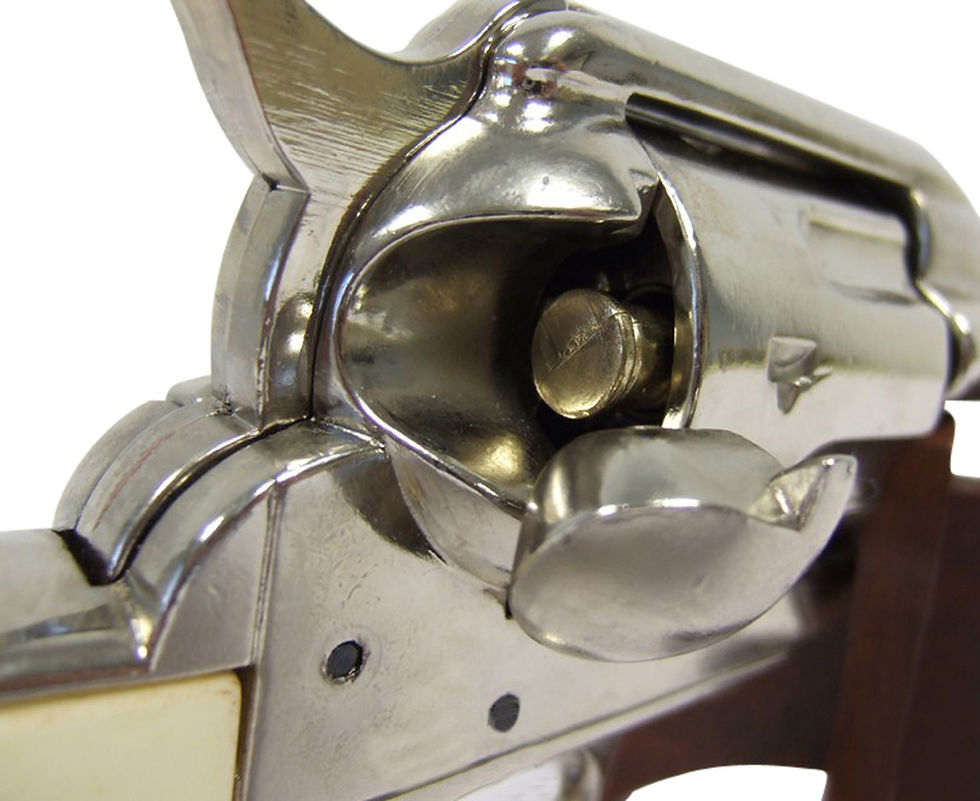 Miniaturebillede: Denix M1873 SAA Non-Firing Revolver in Nickel Finish With Ivory Grips loading port view