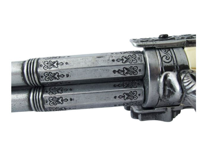 Thumbnail: Denix 18th Century 3 Barrel Non Firing Flintlock in Antique Gray Finish barrel engravings