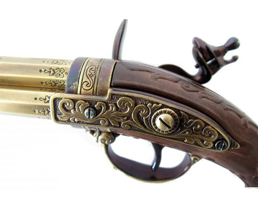 Thumbnail: 18th Century 3 Barrel Brass Non Firing Flintlock With Wood Grips