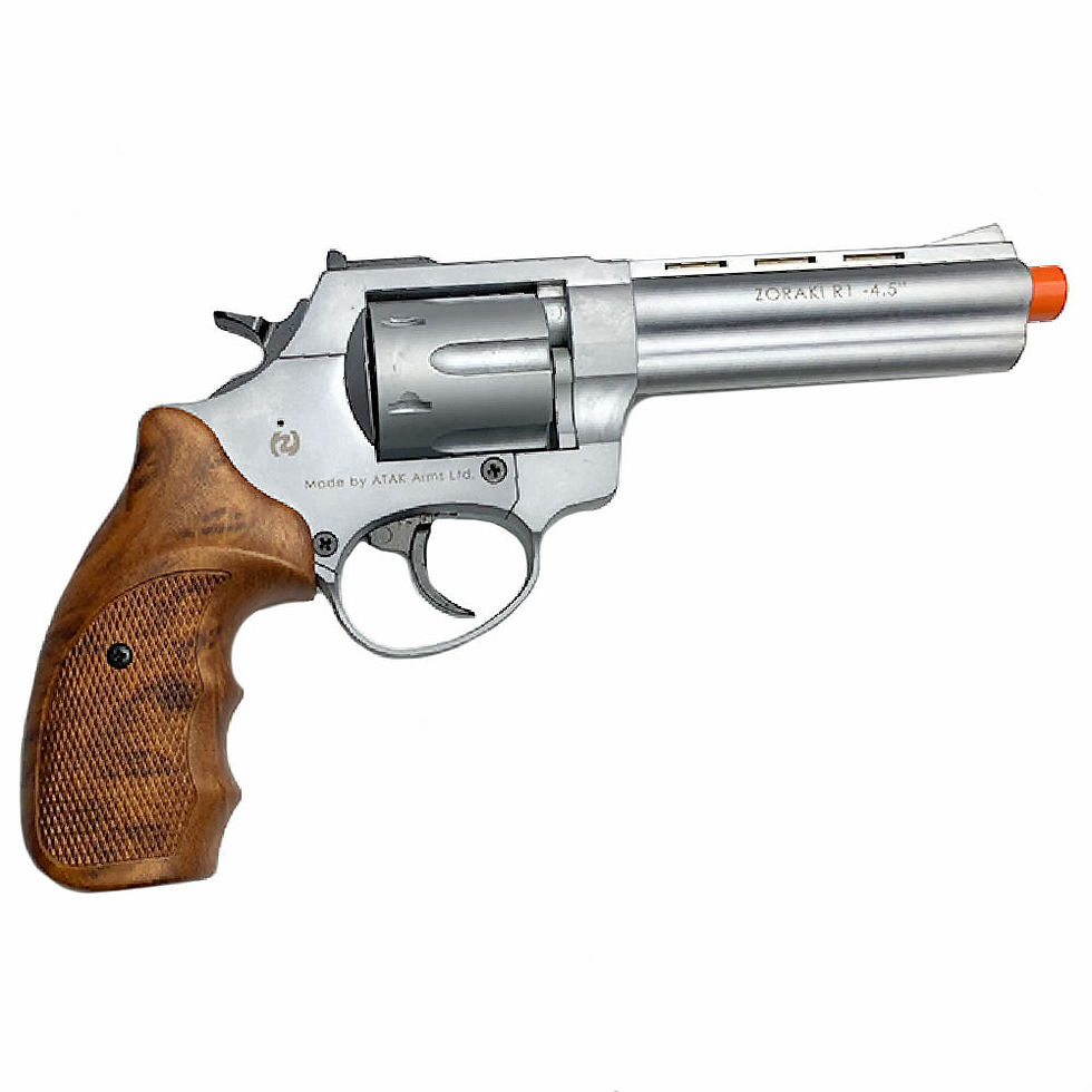 الصورة المصغرة: Zoraki R1 4.5-Inch Barrel Front Firing Blank Revolver, Silver with Wood Grips