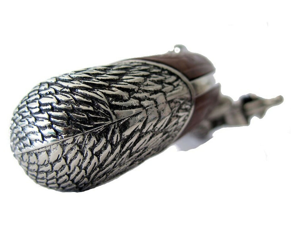 Thumbnail: Denix 18th Century Non Firing 4 Barrel Flintlock With Wood Grips back of the engraved eagle handle