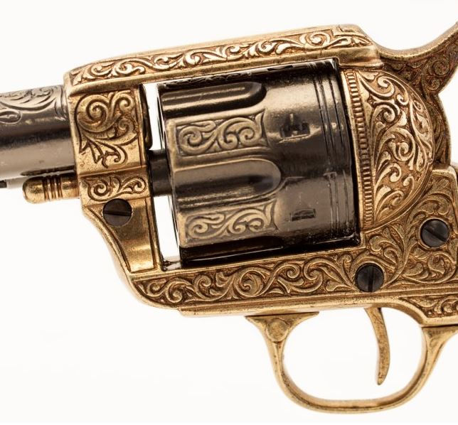 Thumbnail: Gold Engraved Non-Firing Revolver With Faux Ivory Grips