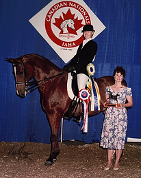 Lynne riding horse named “Surone” at Canadian National Championships.