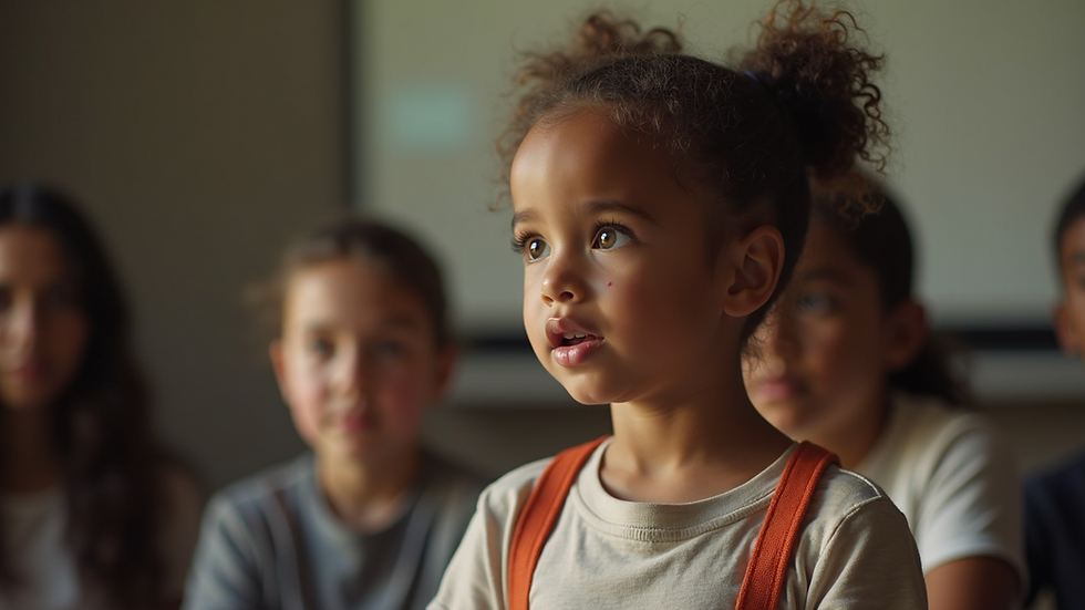 Close-up view of a child confidently speaking in front of a small group