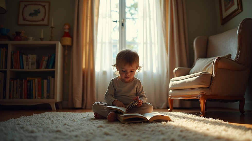Eye-level view of a child reading a book in a cozy corner