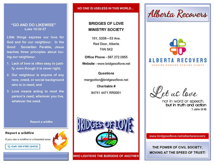 Front side of the Alberta Recovers brochure, detailing the donation and request platform for victims of natural disasters