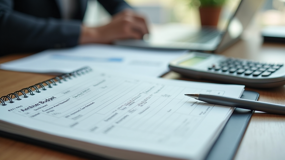 Close-up of a budget planner with notes and calculator on a desk