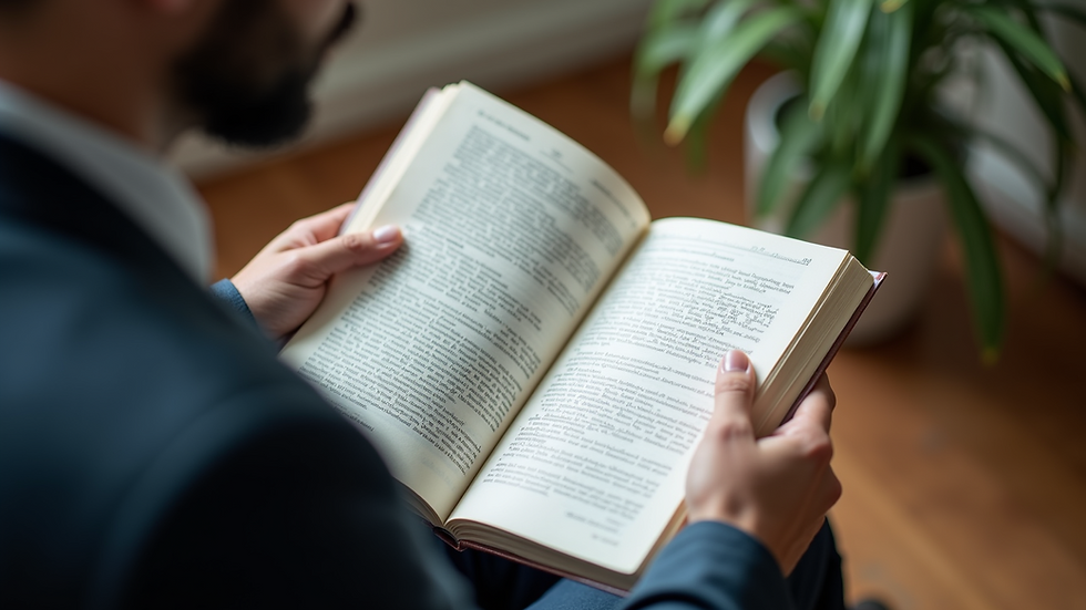 High angle view of a person reading a financial book