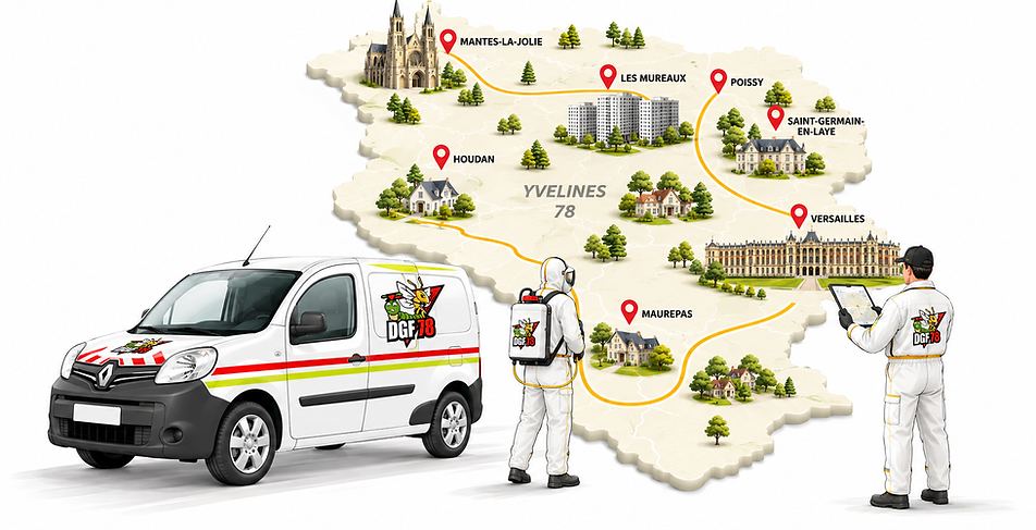 Carte du secteur d'intervention DGF 78 dans les Yvelines avec véhicule et techniciens guêpes et frelons.