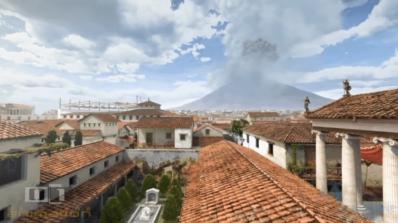 A las 13 horas, comienza la actividad explosiva. El gas acumulado en la cámara magmática se propaga y sale violentamente por el conducto del volcán formando una columna que alcanza unos 15 kilómetros de altura. En su parte más alta, la columna se expande formando una gran nube. Comienza a llover ceniza y lapilli sobre Pompeya.