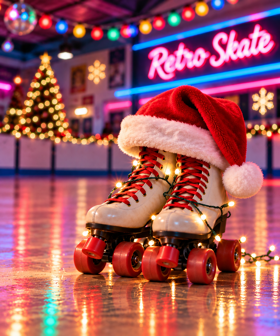 roller skates with Christmas lights and Santa hat