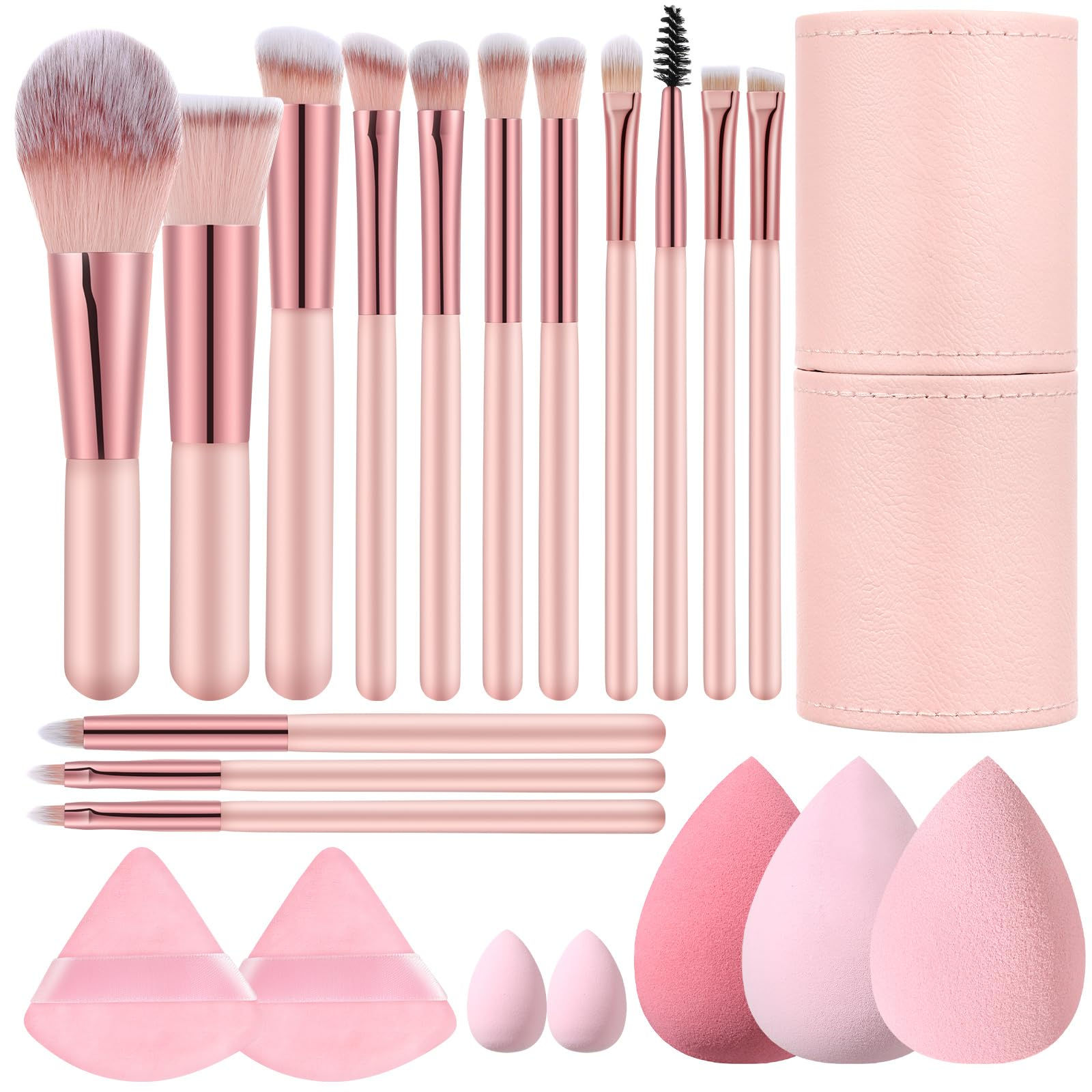 14 Pcs Small Travel Makeup Brush Set Portable Pink Make up Brushes with Case5 Pc