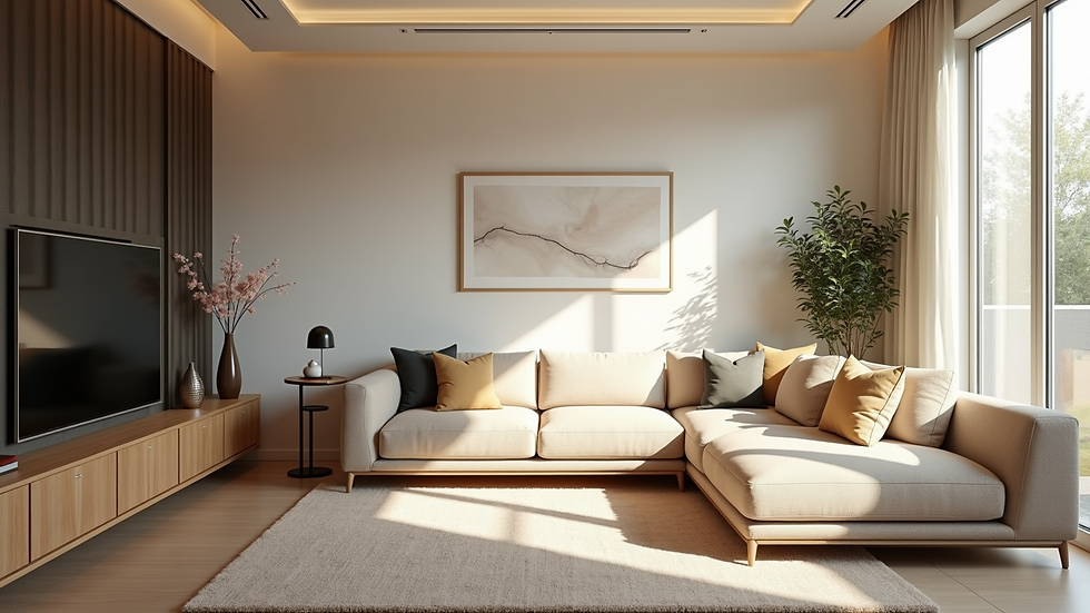 High angle view of a stylish, well-designed residential interior with natural elements