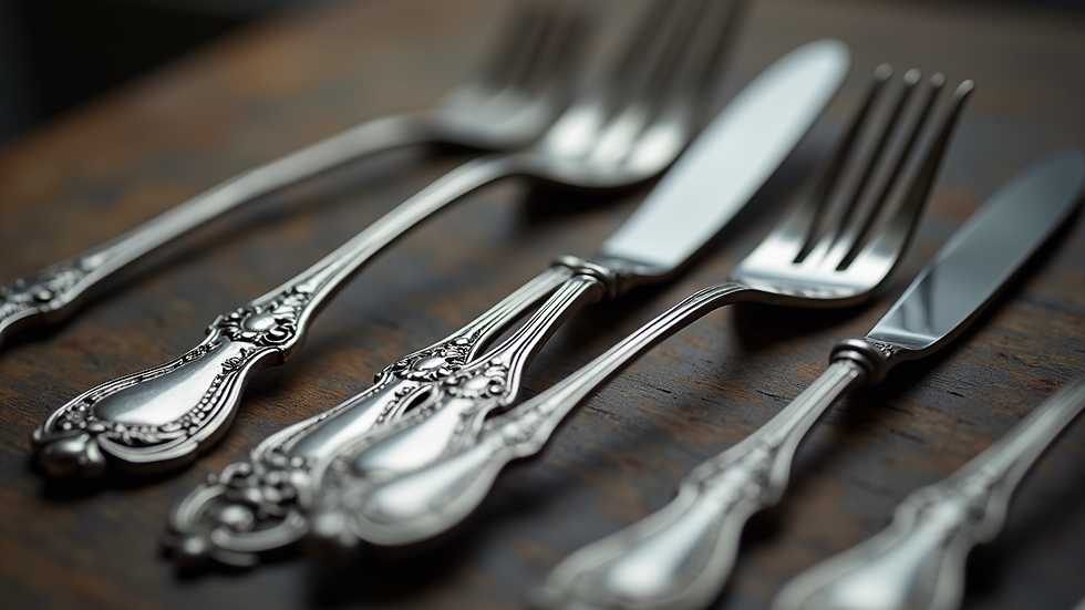 Close-up view of antique silverware with intricate designs