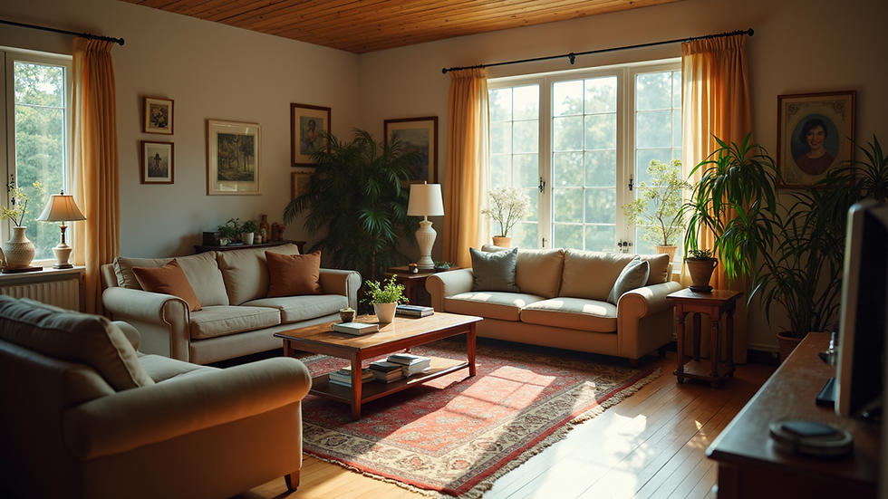 High angle view of a spacious living room filled with vintage furniture