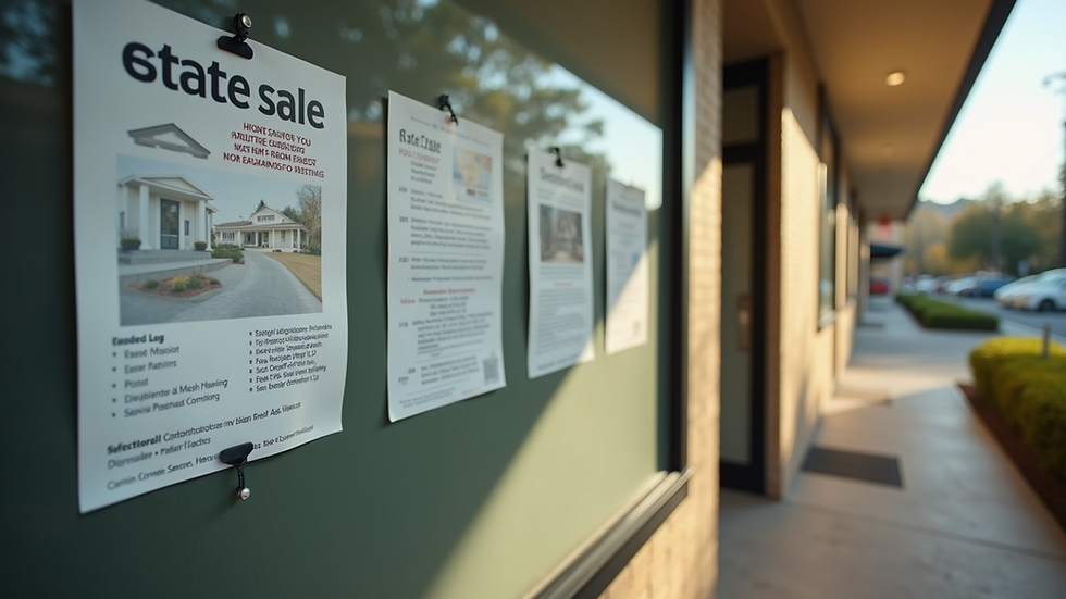 High angle view of a community center bulletin board with estate sale flyers