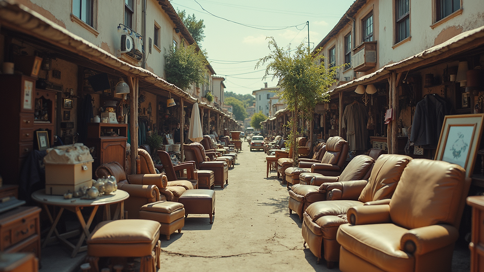 High angle view of a busy estate sale with various household items