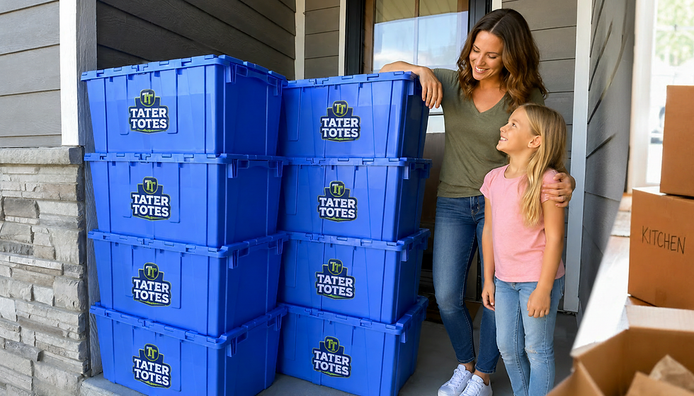 Mom and son packing books into totes