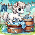 DALL·E 2025-02-22 22.26.51 - A cute small pure white pony washing clothes in a cartoon sty