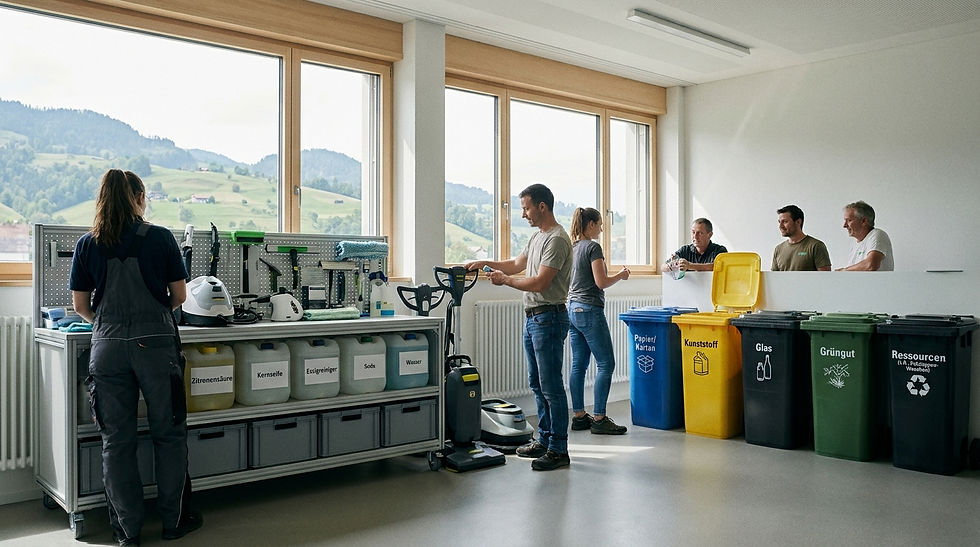 Schulungsraum mit nachhaltigen Reinigungsgeräten und Recyclingstation in einem modernen Schweizer Gebäude.