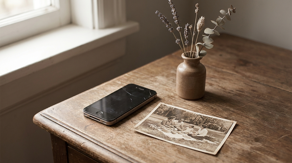 Ein altes Handy neben einer verblichenen Fotografie von Menschen